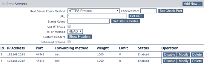 Real Servers screen of the load balancer showing two servers added.